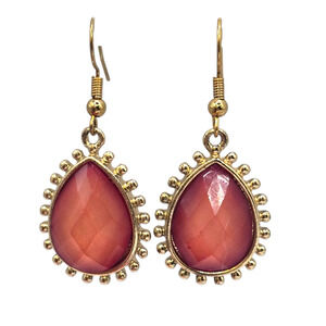 Pierced Earrings Orange Pink Teardrop Acrylic Bead Gold Tone Dangle SKU2414